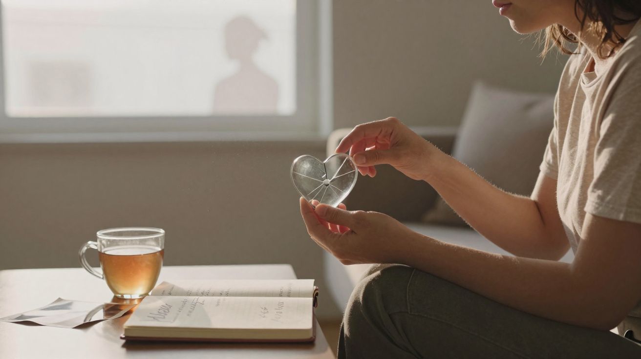 Pessoa segurando um coração metálico junto a uma mesa com um caderno aberto e chá numa chávena.