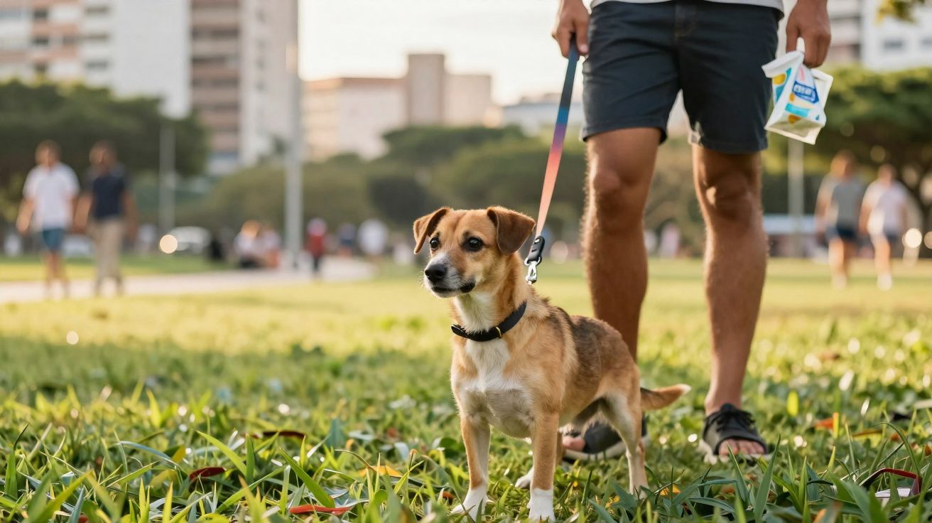 Cão pequeno em trela em parque com dono vestido de calções e ténis a segurar saco de plástico.