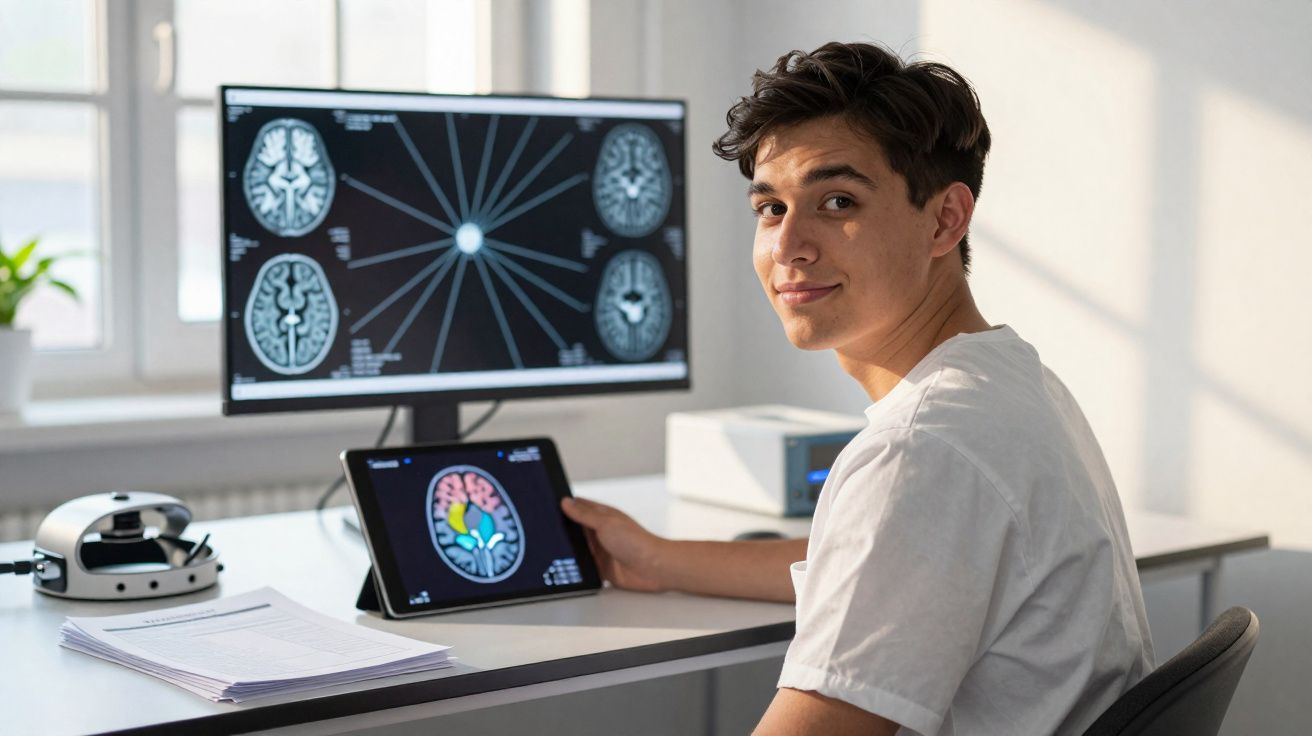 Jovem sentado numa secretária a analisar imagens de ressonância magnética cerebral em ecrã e tablet.