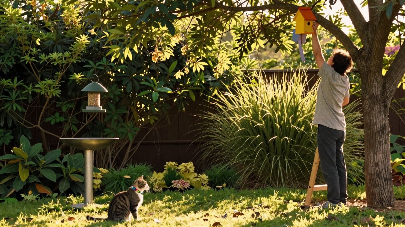 Criança a pendurar um comedouro amarelo numa árvore num jardim com um gato sentado na relva junto de um alimentador.