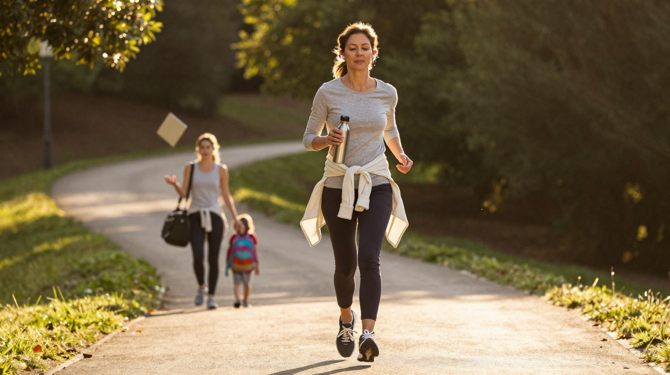 Mulher a correr num parque ao ar livre com outra mulher e uma criança ao fundo numa caminhada.