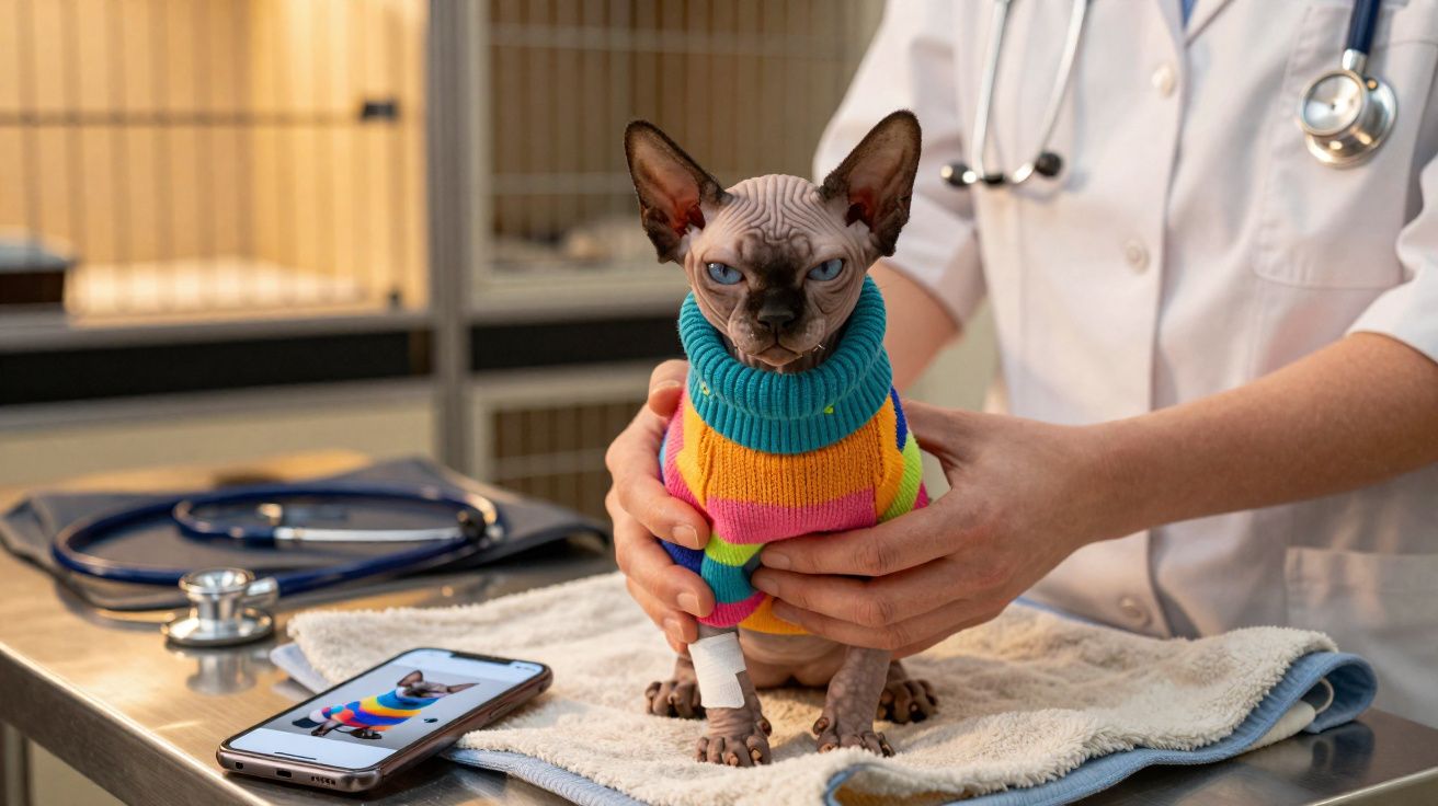 Gato sphynx com suéter colorido numa mesa de clínica veterinária, acompanhado por profissional de saúde.