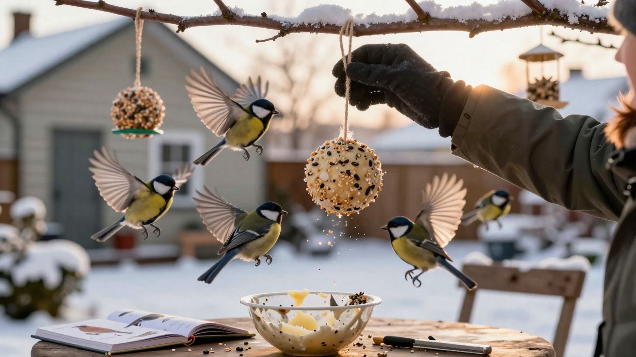 Pássaros voando para comer bola de sementes pendurada numa árvore, inverno com neve ao fundo.