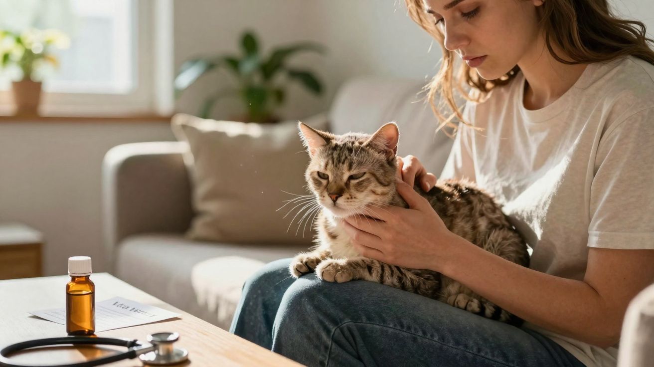 Mulher sentada num sofá a acariciar um gato, com frasco de medicamento e estetoscópio numa mesa à frente.