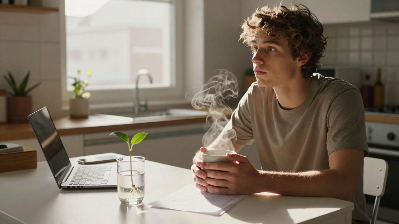 Jovem sentado à mesa com chá quente, olhando pensativo, com computador portátil e planta ao lado.