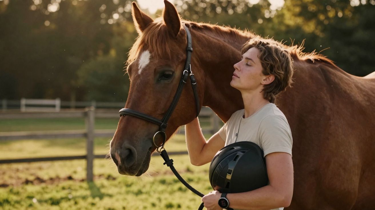 Pessoa com capacete abraça cavalo castanho num campo ao pôr do sol.