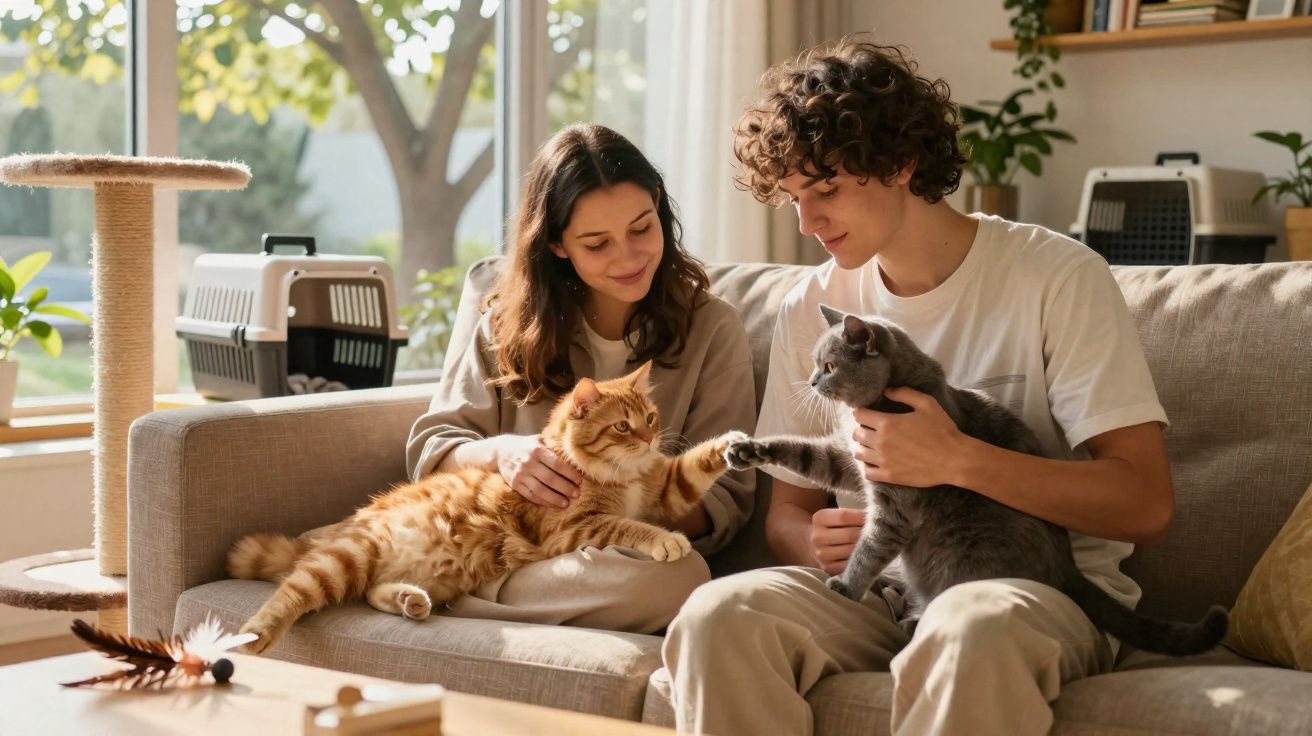 Casal sentado no sofá a juntar as patas de dois gatos, um laranja e outro cinzento, num momento afetuoso.