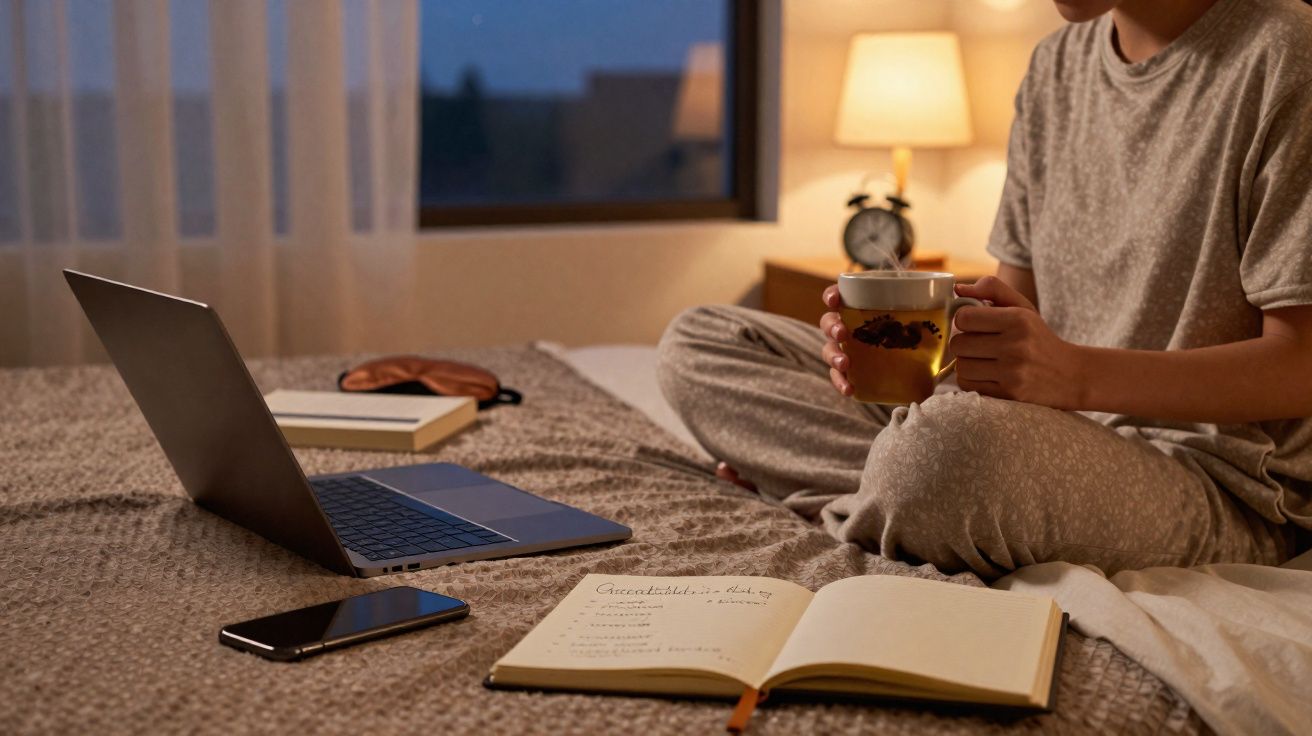 Pessoa sentada na cama à noite com chá, laptop, telemóvel e caderno aberto à frente.