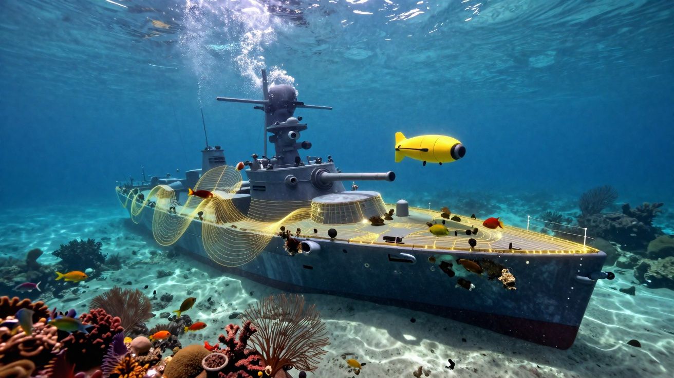 Submarino amarelo autônomo próximo a um grande navio de guerra submerso no fundo do mar com peixes e corais.