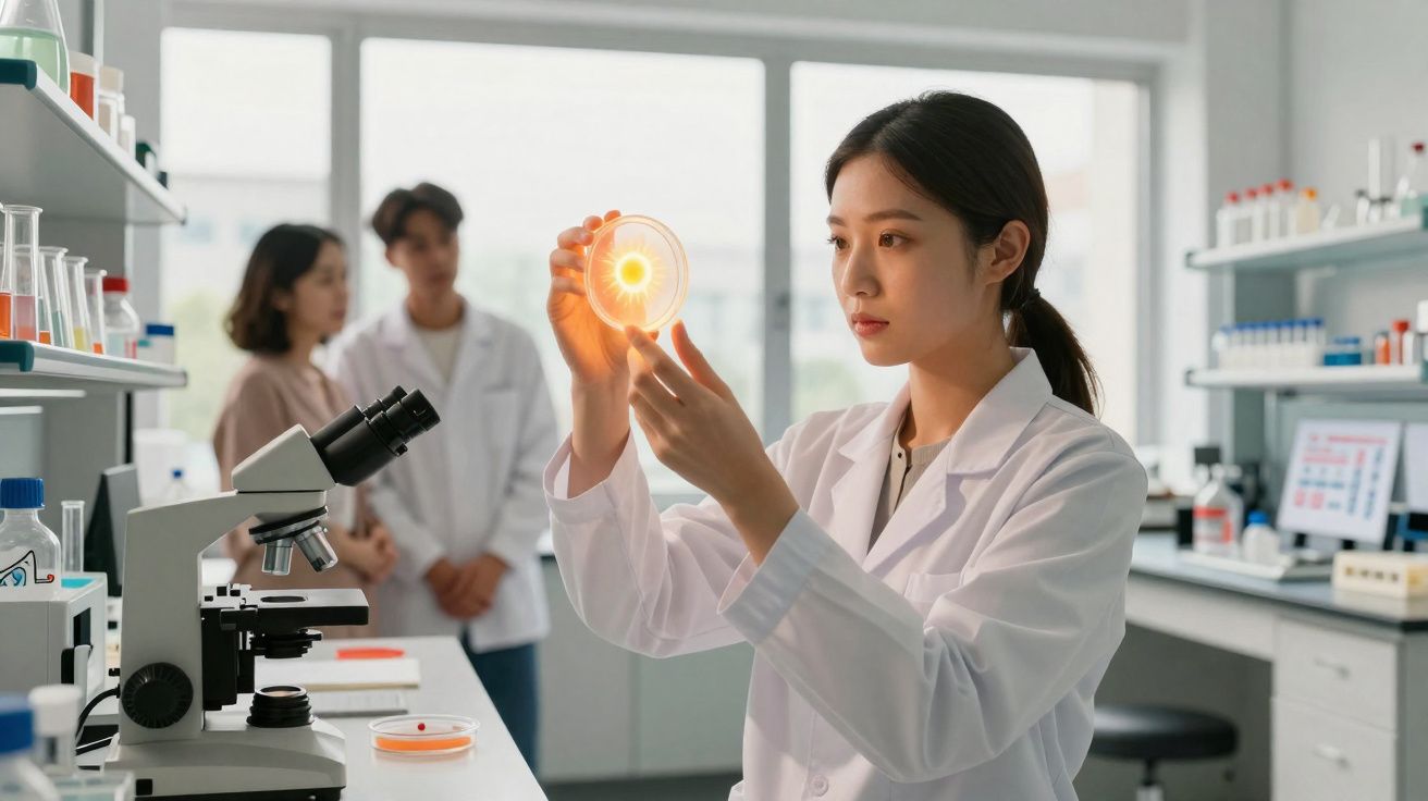 Cientista em laboratório segura placa de Petri iluminada, com colegas ao fundo e microscópio na bancada.