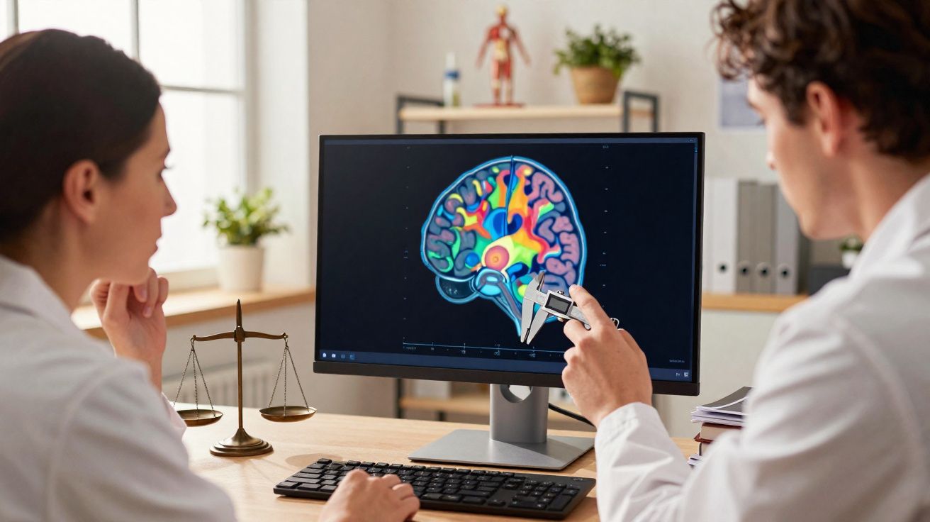 Dois médicos analisam imagem colorida de cérebro num ecrã de computador num consultório.