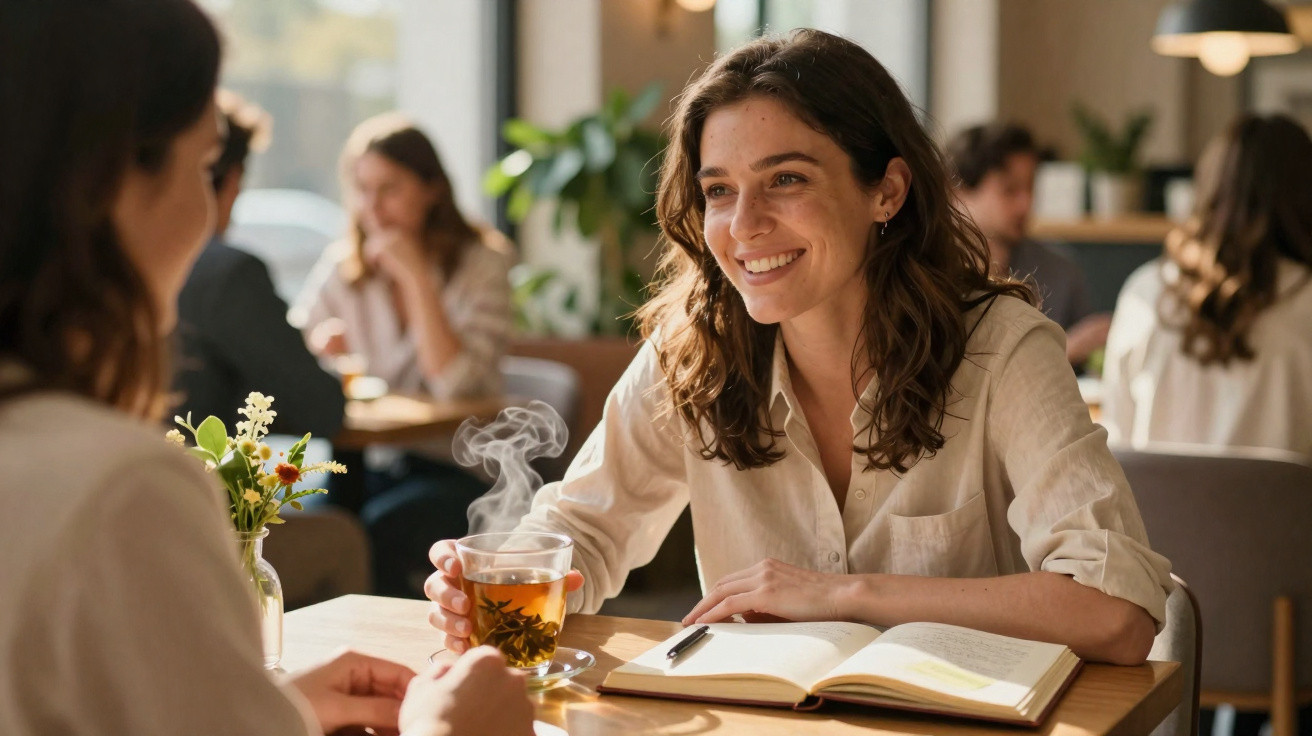 Duas mulheres conversam animadamente numa cafeteria, uma delas segura chá quente com livro aberto à sua frente.