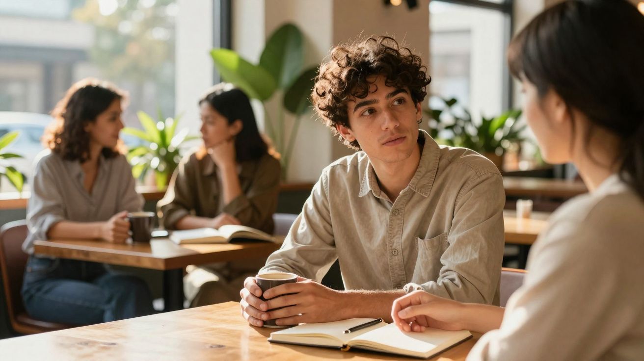 Jovens a conversar e beber café numa esplanada, com livros abertos à sua frente num ambiente iluminado e descontraído.