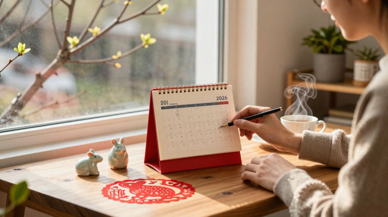 Pessoa a marcar datas num calendário de mesa junto a uma janela com figuras de coelhos e chá quente fumegante.