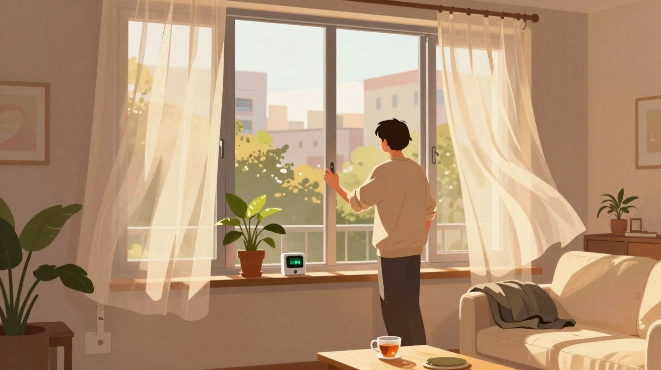 Pessoa a abrir uma janela num quarto iluminado com plantas e cortinas esvoaçantes ao vento.