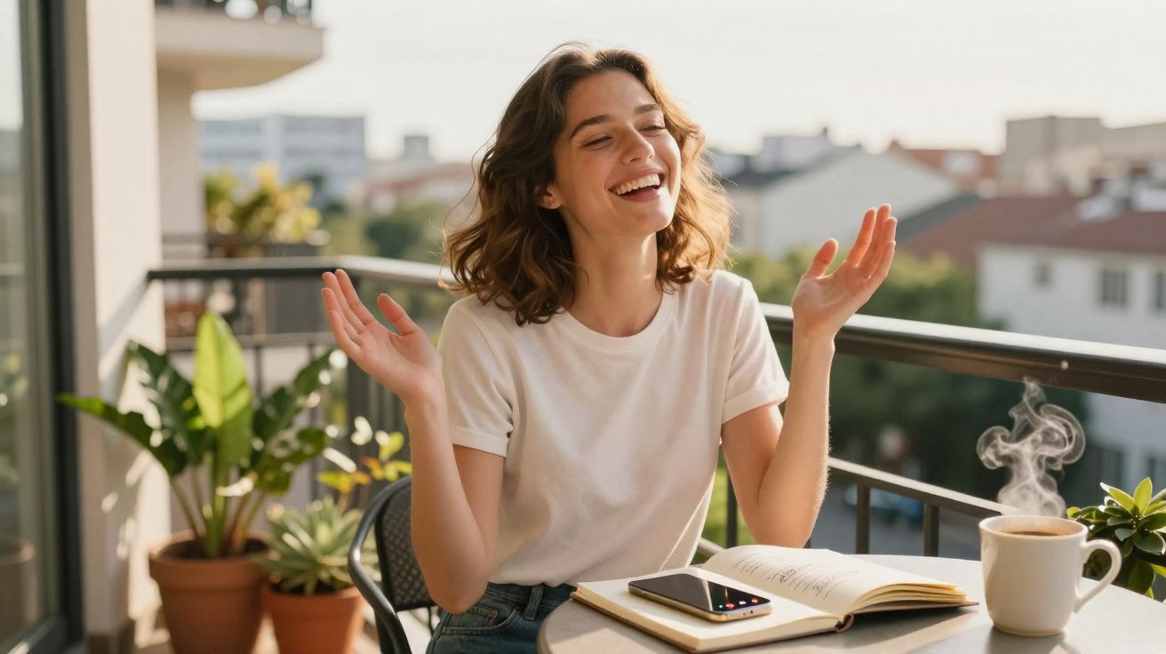 Mulher sorridente sentada numa varanda com livro aberto, telemóvel e chá a fumegar numa manhã ensolarada.
