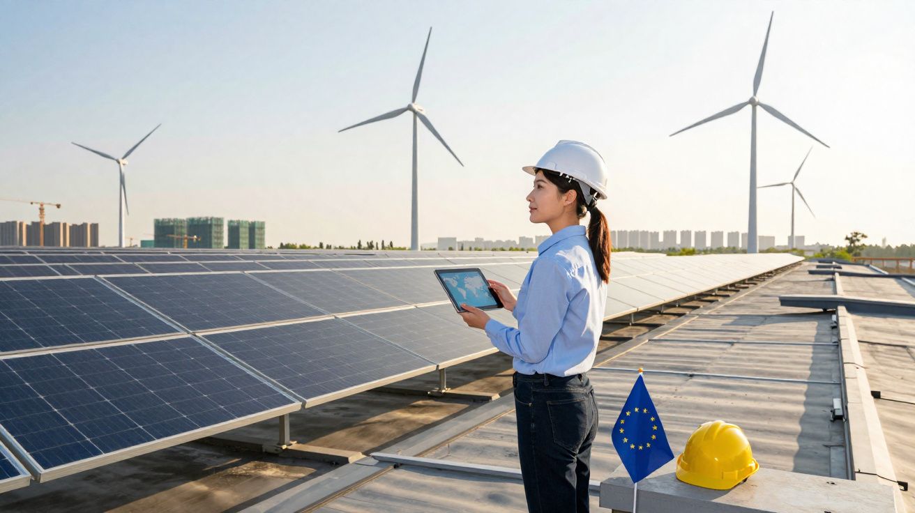 Mulher com capacete e tablet inspeciona painéis solares, com turbinas eólicas ao fundo numa instalação sustentável.