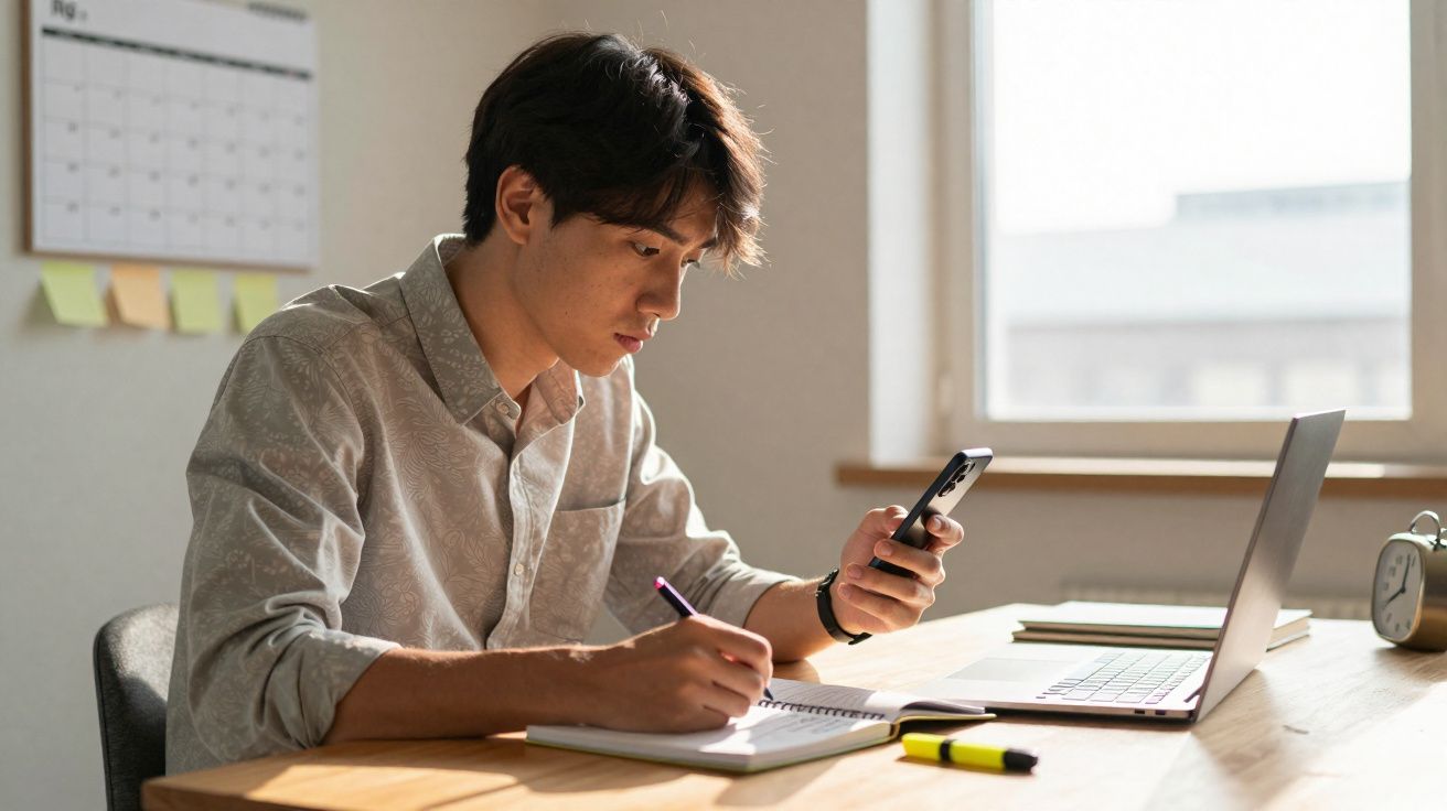 Homem concentrado a escrever num caderno enquanto consulta o telemóvel, com portátil na secretária.