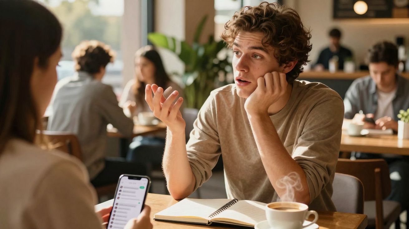 Jovem a conversar com uma mulher num café, livro aberto e chá com vapor na mesa.