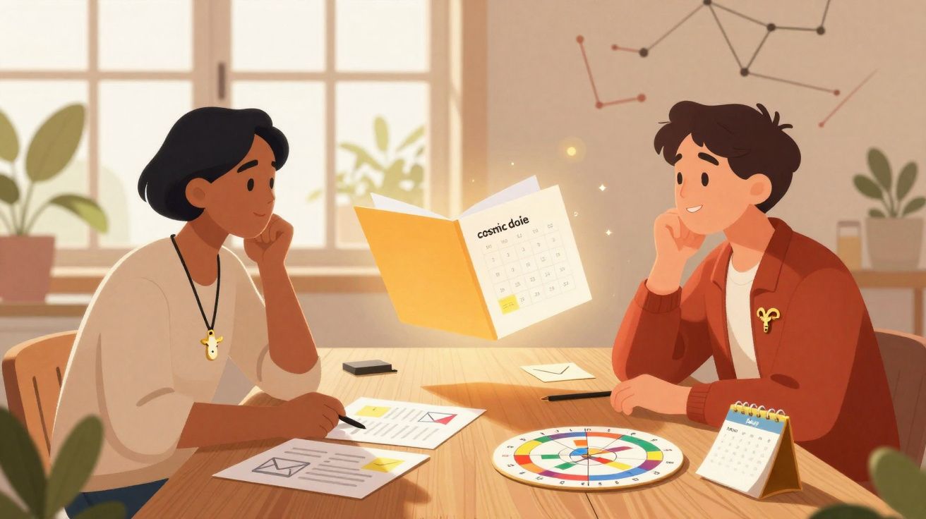 Duas pessoas sentadas à mesa a analisar documentos e gráficos sobre astrologia, com calendário a flutuar.
