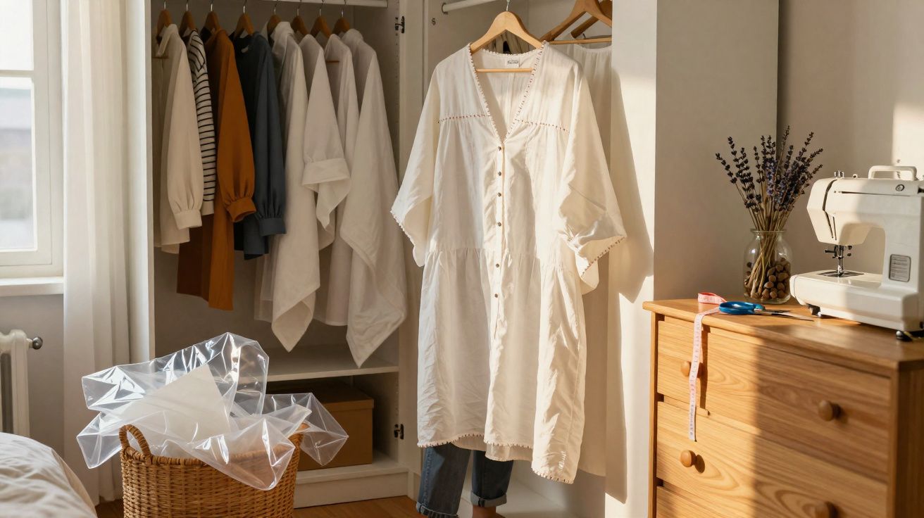 Roupa pendurada dentro de um armário aberto, vestido branco em destaque, cesto de roupa e máquina de costura numa cómoda de m