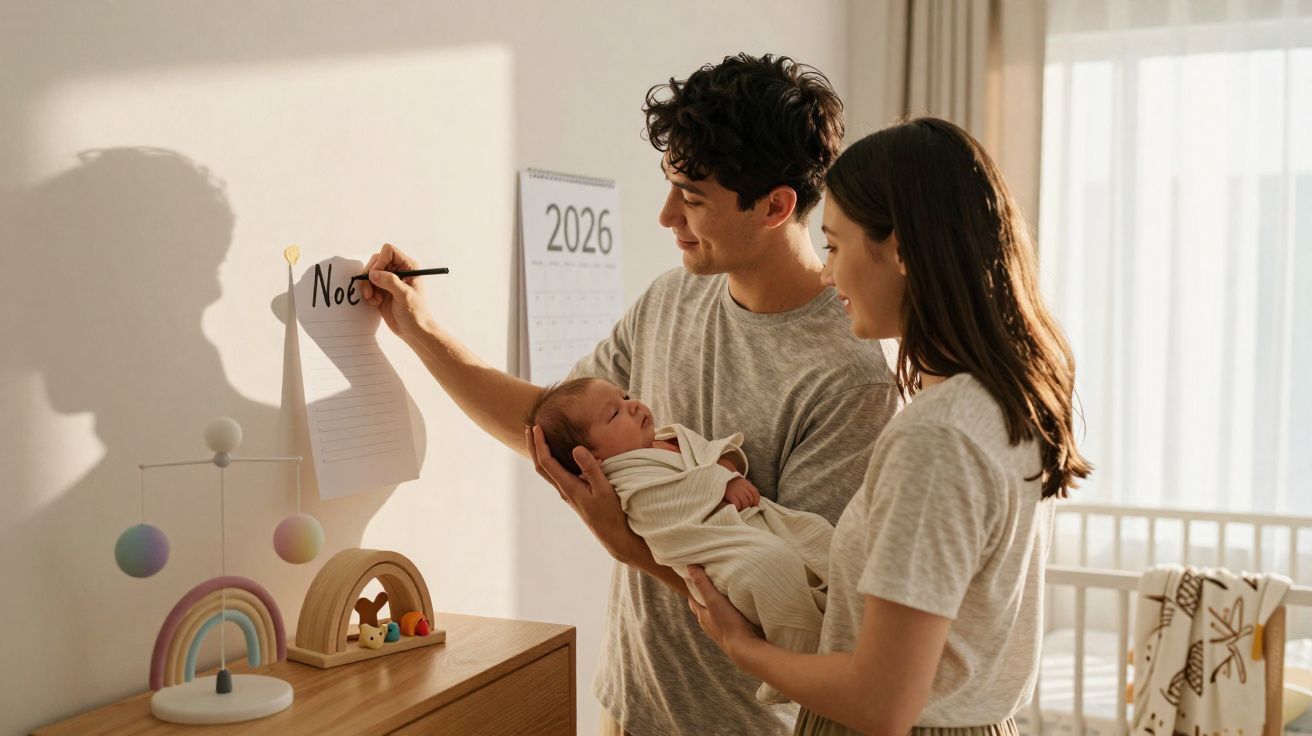 Jovem casal a segurar um bebé e a escrever numa folha com calendário de 2026 na parede.