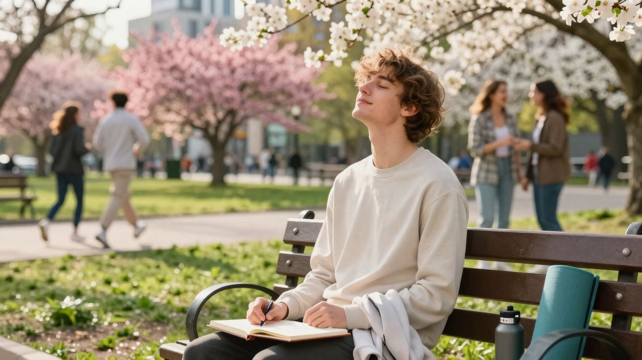 Jovem sentado num banco de jardim com flores de cerejeira, a sentir a brisa e a escrever num caderno.
