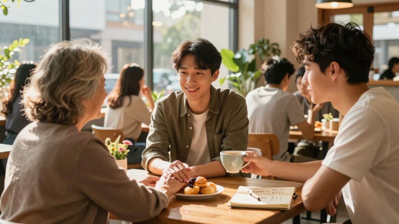 Três pessoas a conversar e sorrir numa cafeteria iluminada, com pastelaria e bebida na mesa.