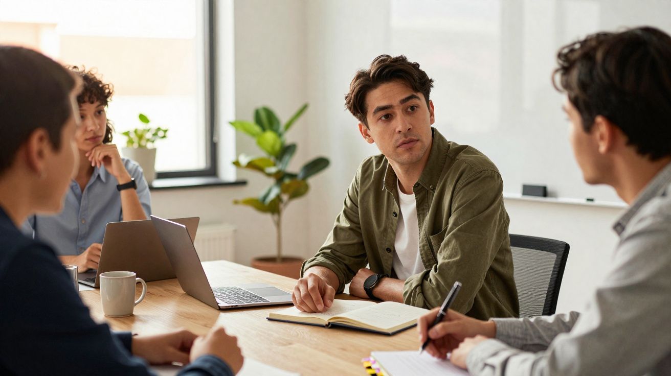 Quatro pessoas em reunião de trabalho sentadas à mesa com cadernos e computador portátil.