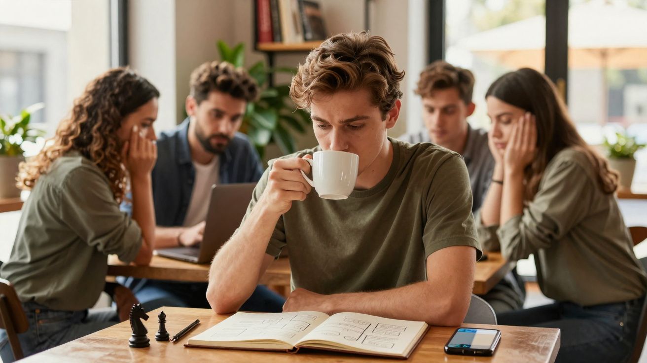 Jovem a beber café enquanto estuda, com grupo de cinco pessoas a trabalhar no fundo numa sala iluminada.