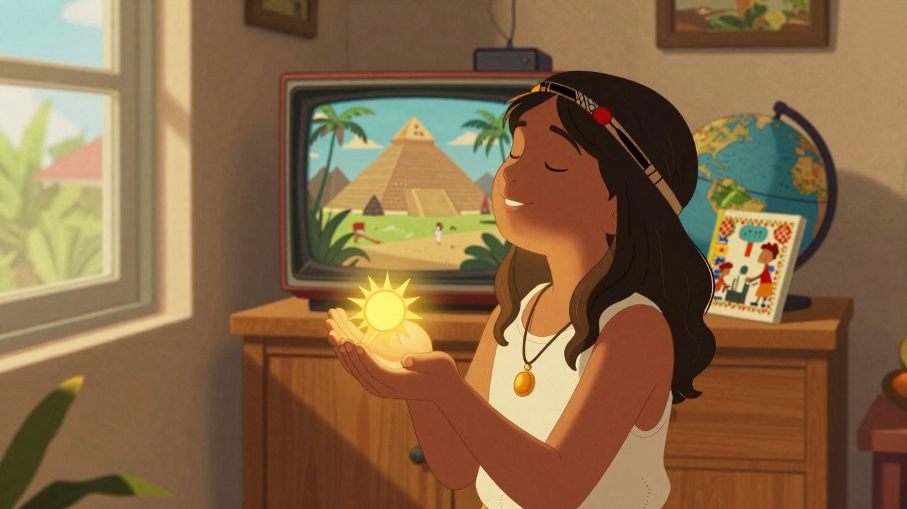 Menina animada segura uma luz amarela brilhante simbolizando o sol, com televisão e mobília ao fundo.