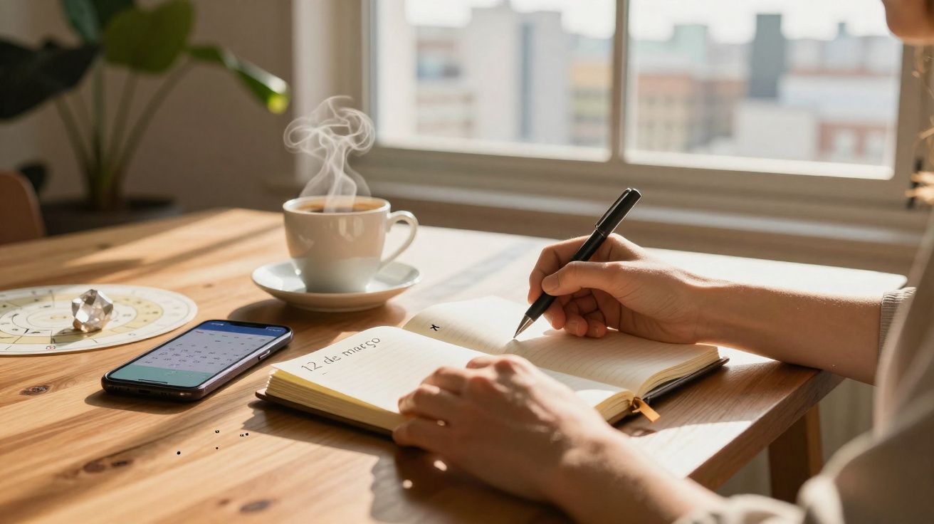 Pessoa a escrever num caderno em mesa de madeira com chá quente e telemóvel próximo, junto a janela iluminada.