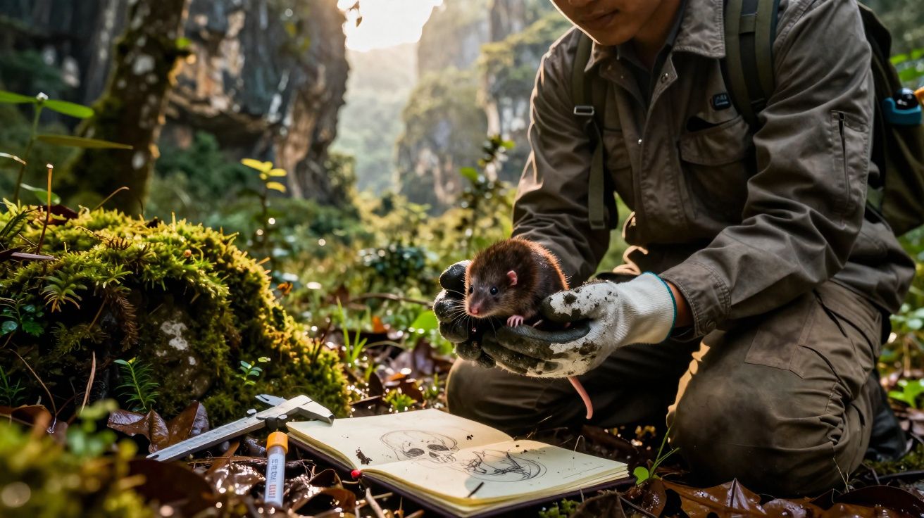 Investigador de campo segura rata em floresta com caderno de anotações e ferramentas ao lado.
