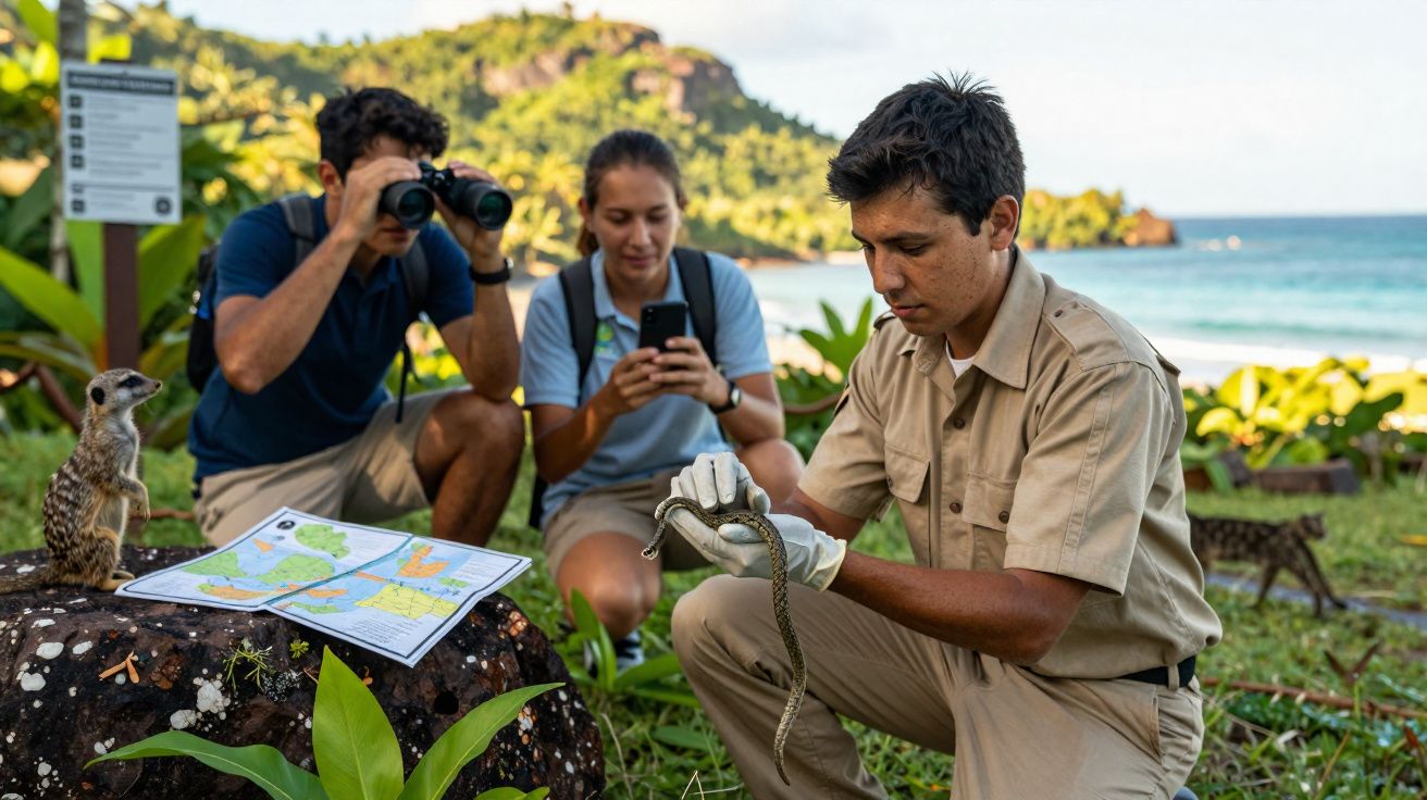 Investigadores observam cobra e suricato em ambiente natural junto ao mar.