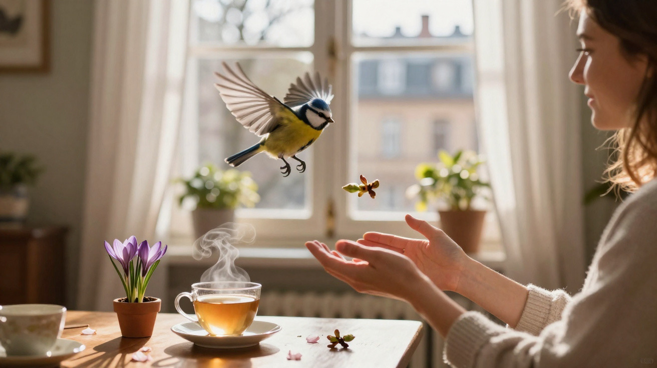 Mulher sorridente observa pardal amarelo voar perto de chá quente numa mesa com flores e luz natural.
