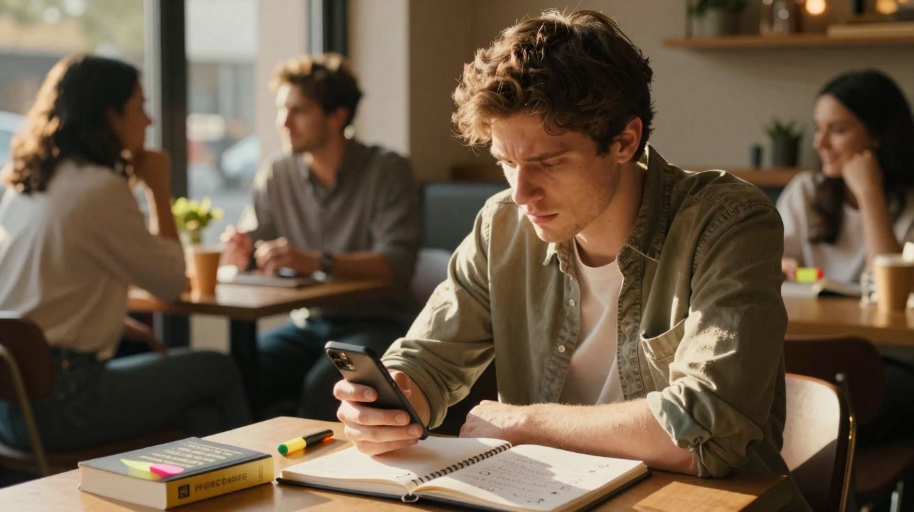 Jovem estudando sozinho com telemóvel e caderno aberto numa mesa, enquanto outras pessoas conversam ao fundo.