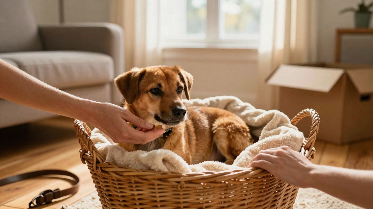 Cão castanho deitado numa cama de vime com cobertor macio, rodeado por mãos humanas num ambiente acolhedor.