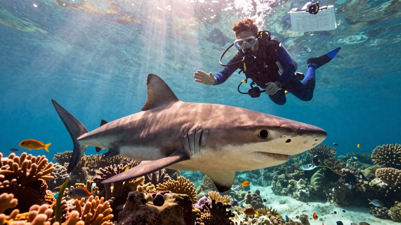 Mergulhador próximo a um tubarão a nadar sobre um recife de coral em águas claras.