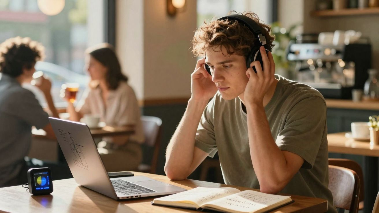Jovem com auscultadores a estudar num café, com computador portátil e caderno aberto à sua frente.