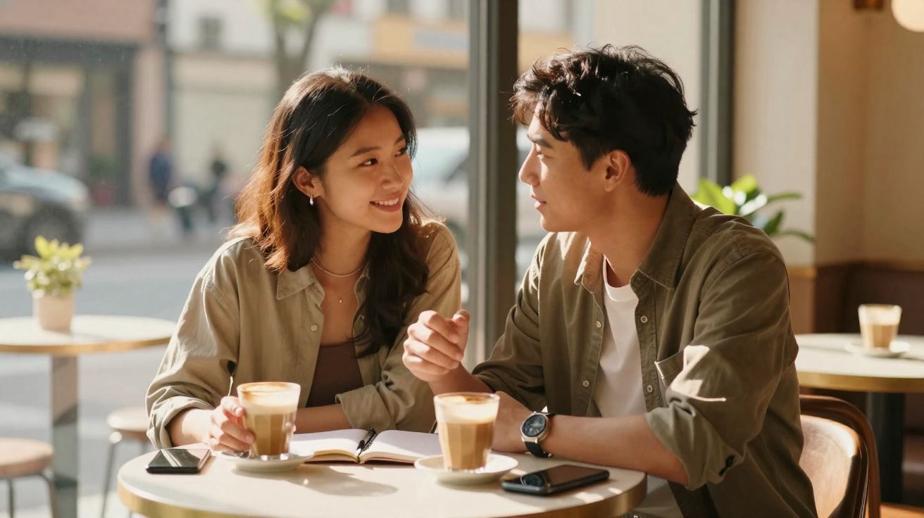 Casal jovem conversa sorrindo em café, com livros e café sobre a mesa junto à janela.
