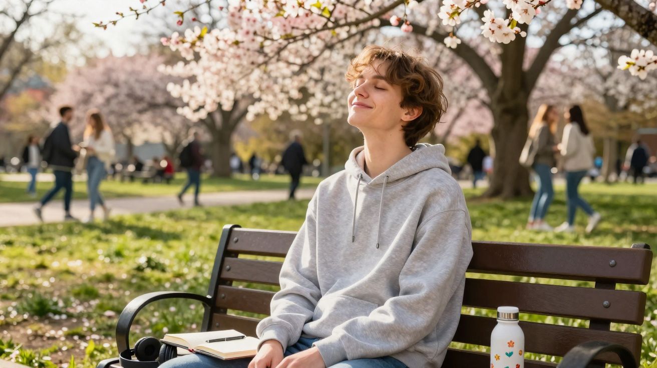 Jovem sentado num banco de parque sob árvores em flor, desfrutando do sol e tranquilidade da primavera.