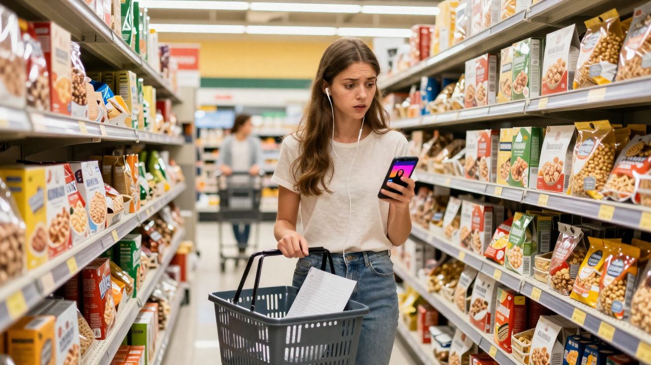 Mulher jovem com carrinho de compras e telemóvel no corredor de supermercado, olhando para produtos nas prateleiras.