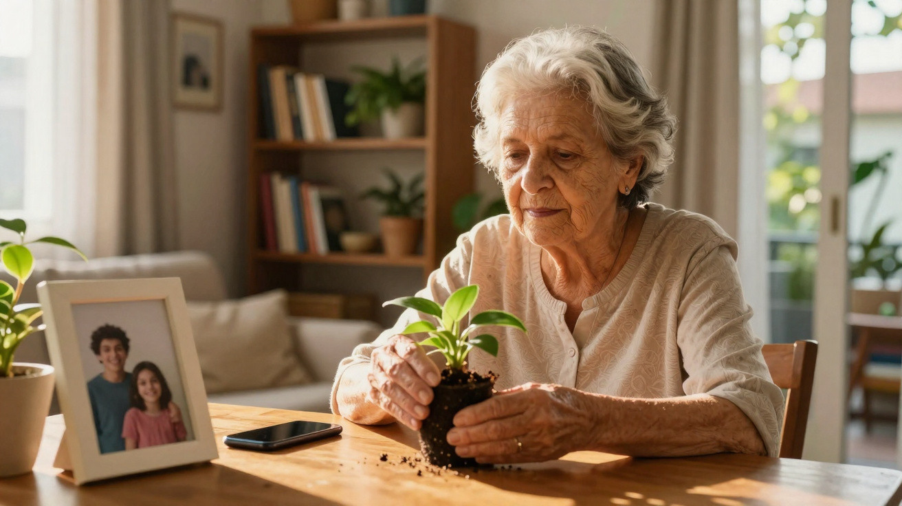 Idosa a cuidar de planta numa sala iluminada, com foto de família e telemóvel na mesa.