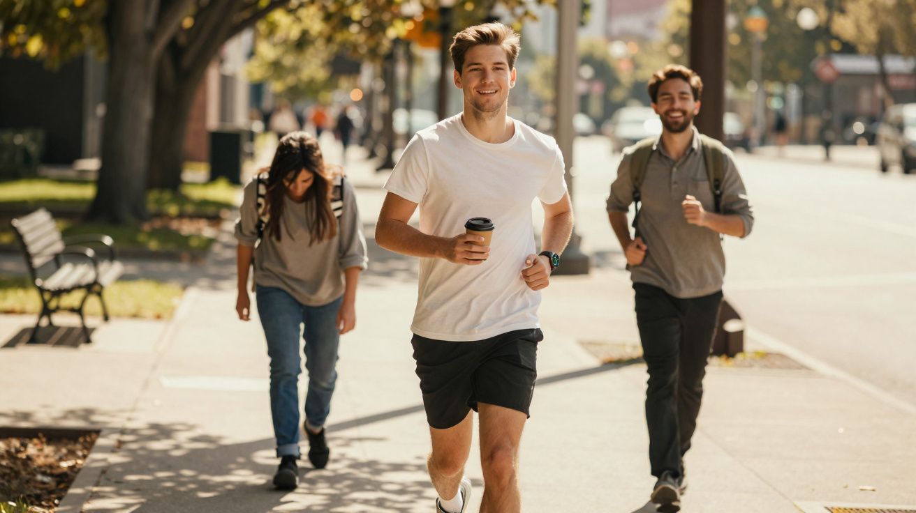 Três jovens a correr num passeio urbano ensolarado, um deles a segurar um café para levar.