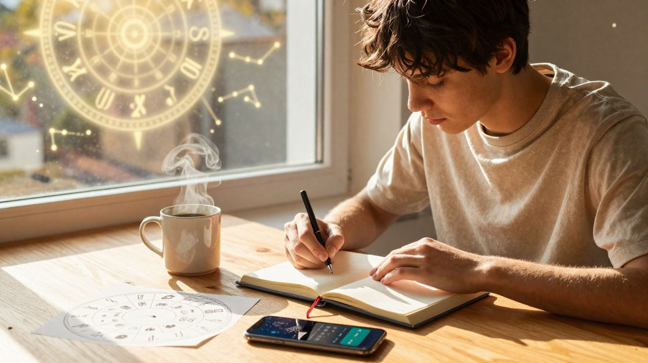 Jovem a escrever num caderno com cartas astrológicas, chá quente e smartphone sobre a mesa.