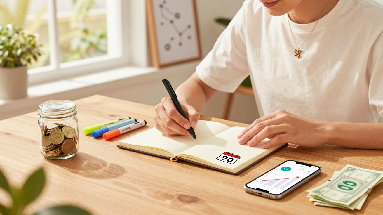 Pessoa a escrever num caderno numa mesa com moedas, marcadores, telemóvel e notas de dólar americano.