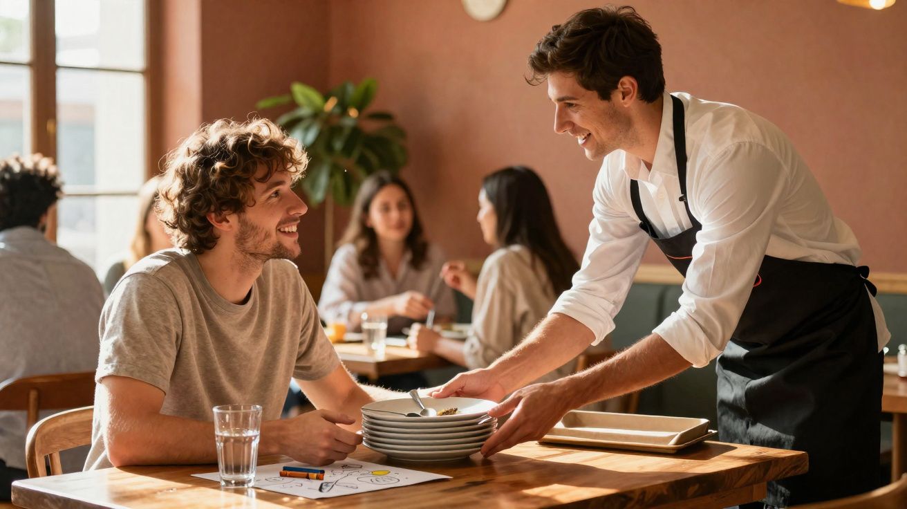 Homem sorridente a receber pratos de um empregado num restaurante com outras pessoas ao fundo.