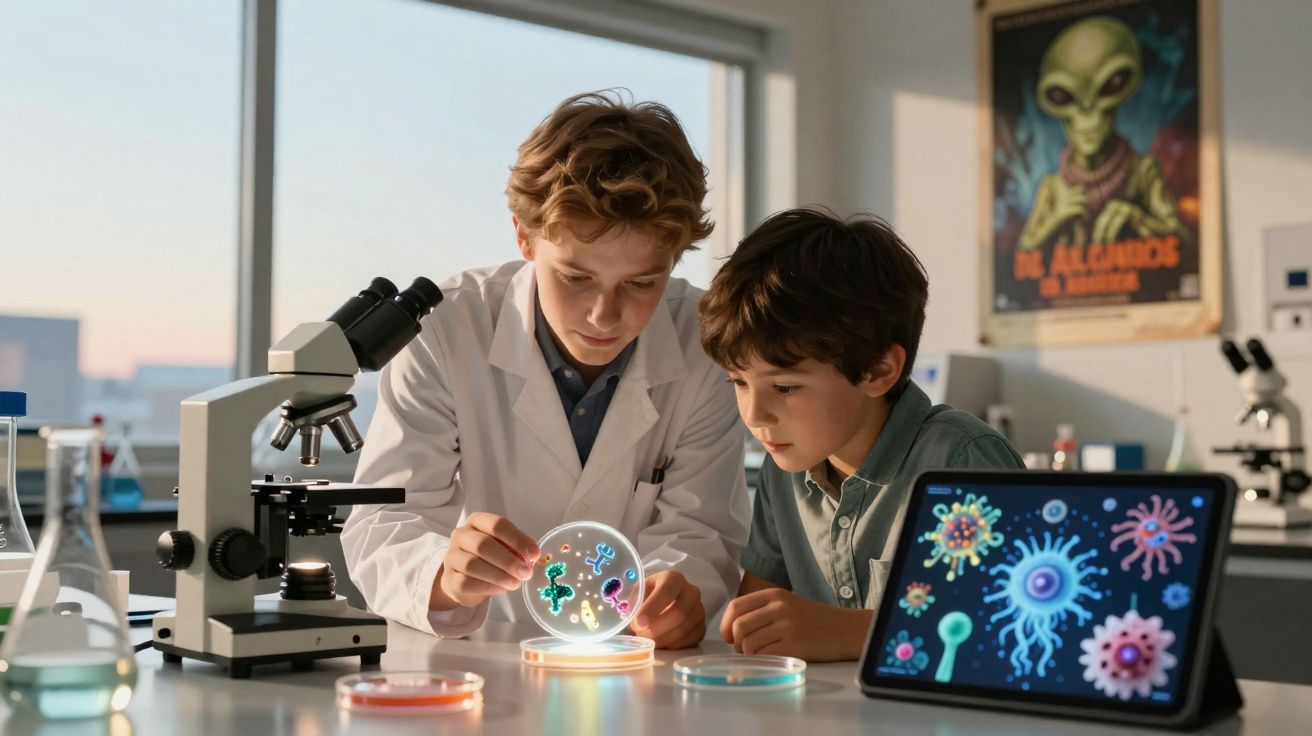 Dois meninos em laboratório observam microrganismos em placa de Petri, com microscópio e tablet ao lado.