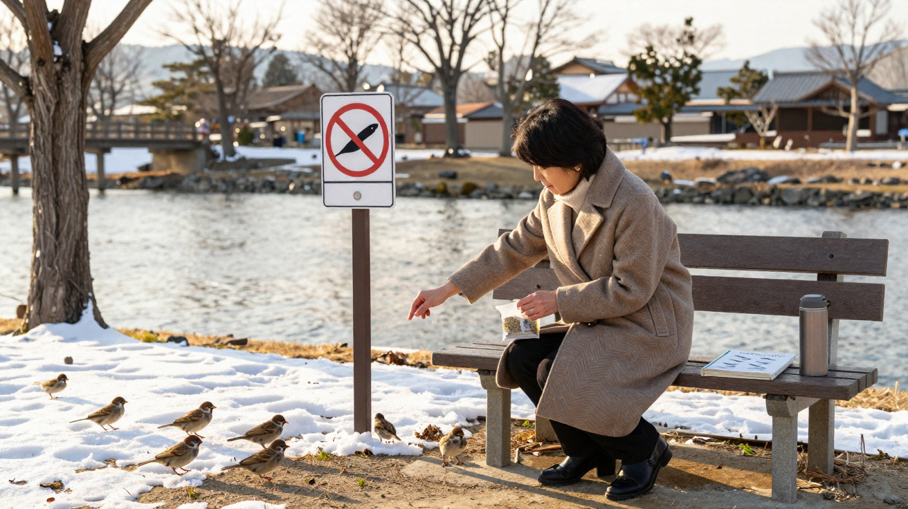 Mulher sentada num banco junto a um lago, alimenta pássaros apesar de placa de proibição no parque nevado.