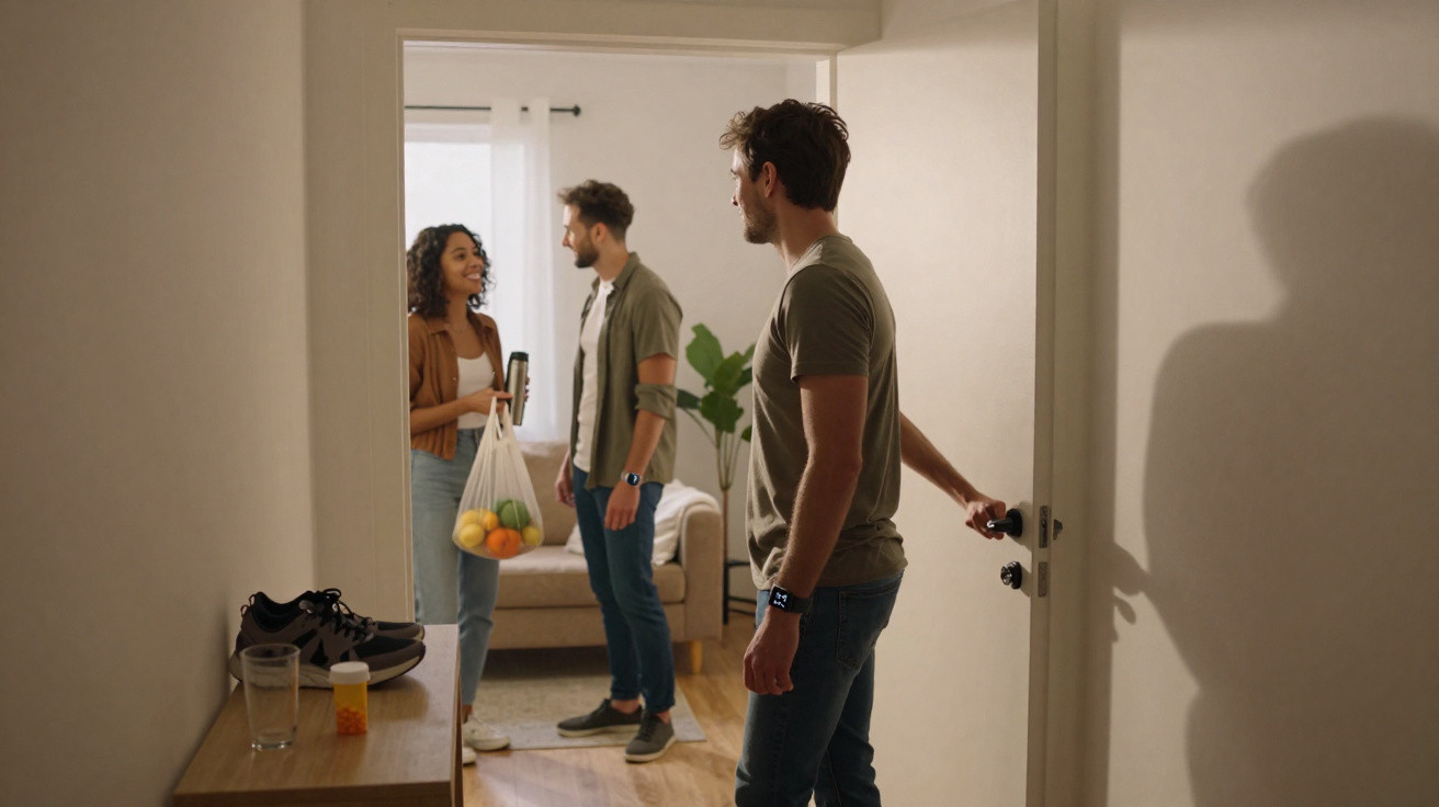 Três amigos a conversar na entrada de uma casa, um deles segura um saco de frutas e uma garrafa térmica.